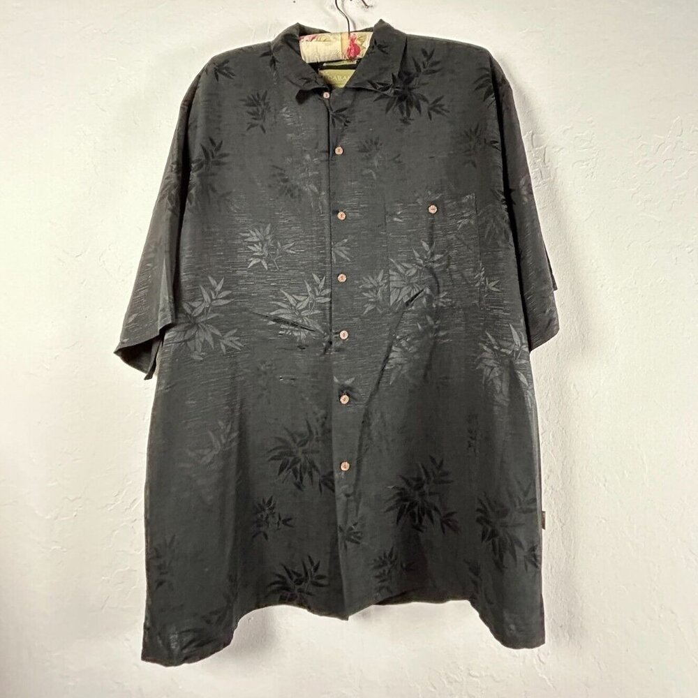 Cabana Mens Shirt XL Black Jacquard Tropical Leaves Silk Button Up Short Sleeve